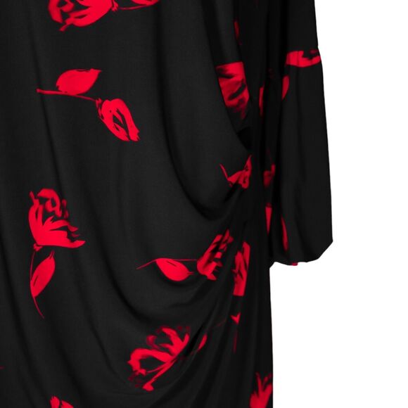 Ralph Lauren Women's Dress Black Red Floral Stretch Bell Sleeve Jersey Midi 20W - Picture 4 of 9